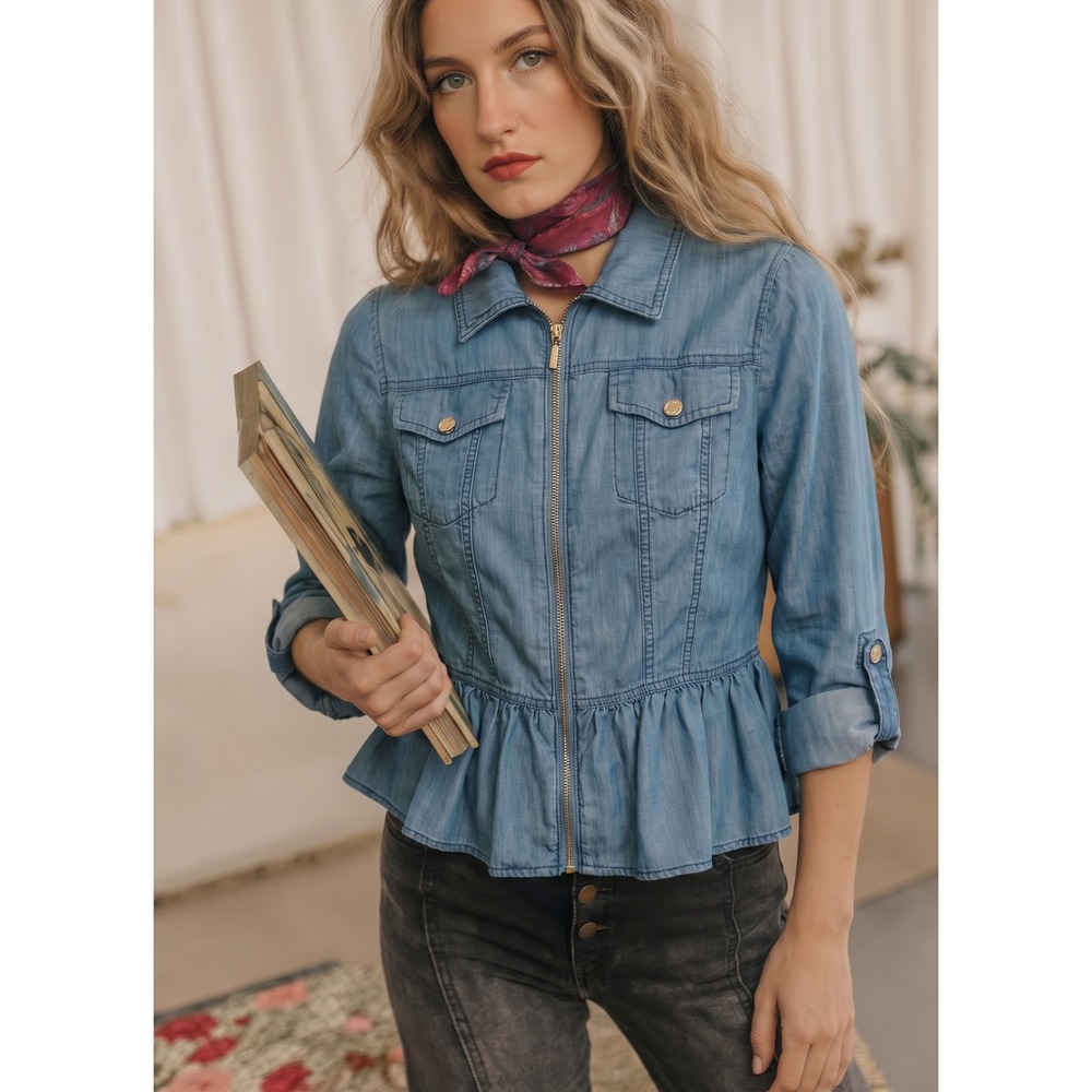 White House Black Market Lyocell Denim‑Look Wrap Zip Jacket Roll‑Tab Sleeves SM